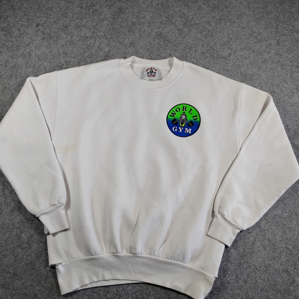 Vintage‎ World Gym White Crewneck Sweatshirt Made in USA Mens Large Distressed